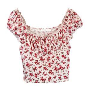 Lush Lace Trim Cap Sleeve Crop Top Pink Red Floral Women L Milkmaid Coquette NWT